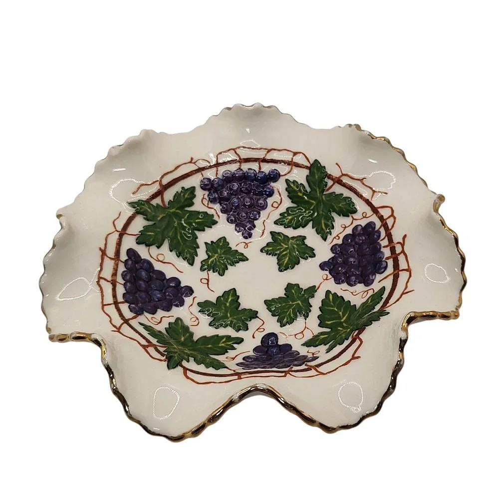 Hand Painted Bowl Raised Grapes Scalloped Leaf Vines Candy Dish Signed‎ SEE